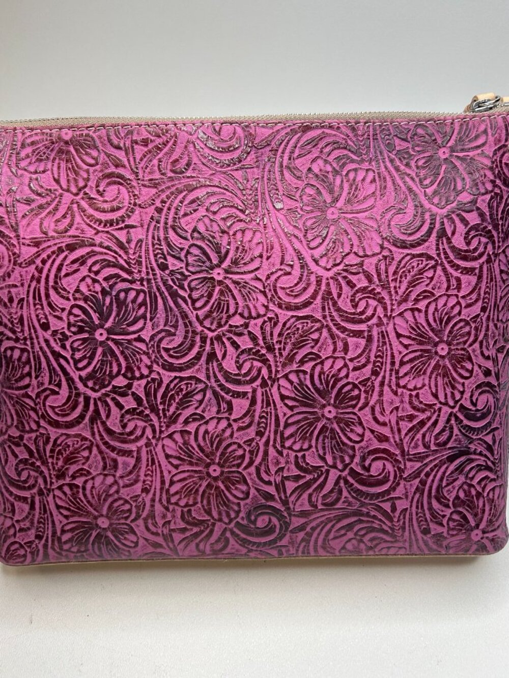 CONSUELA Mena Downtown Women's Fuchsia Tooled Leather Crossbody - Picture 3 of 11